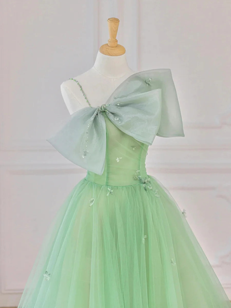 Fairy Green Tulle With Beaded Spaghetti Straps Short Prom Dress A-Line Homecoming Dress With Bow