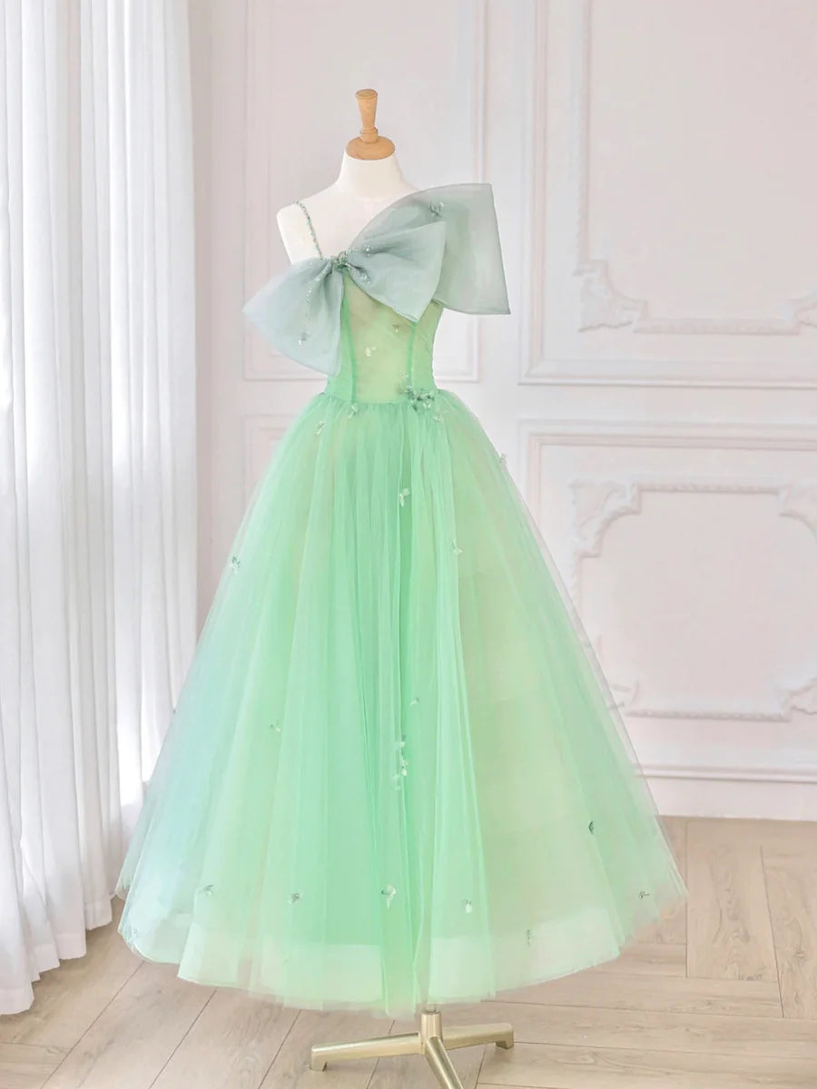Fairy Green Tulle With Beaded Spaghetti Straps Short Prom Dress A-Line Homecoming Dress With Bow