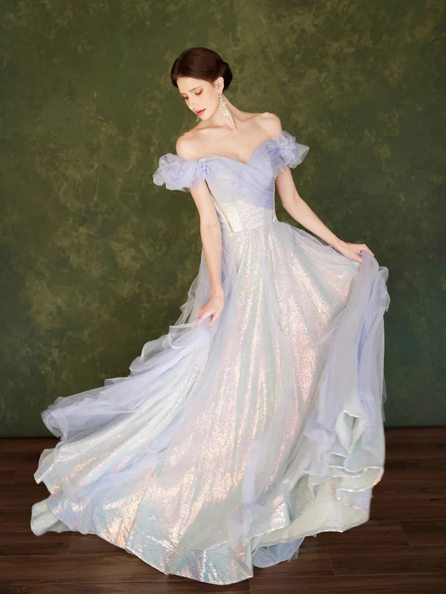 Fairy Light Purple Colorful Sequins Tulle Off the Shoulder Evening Party Dresses