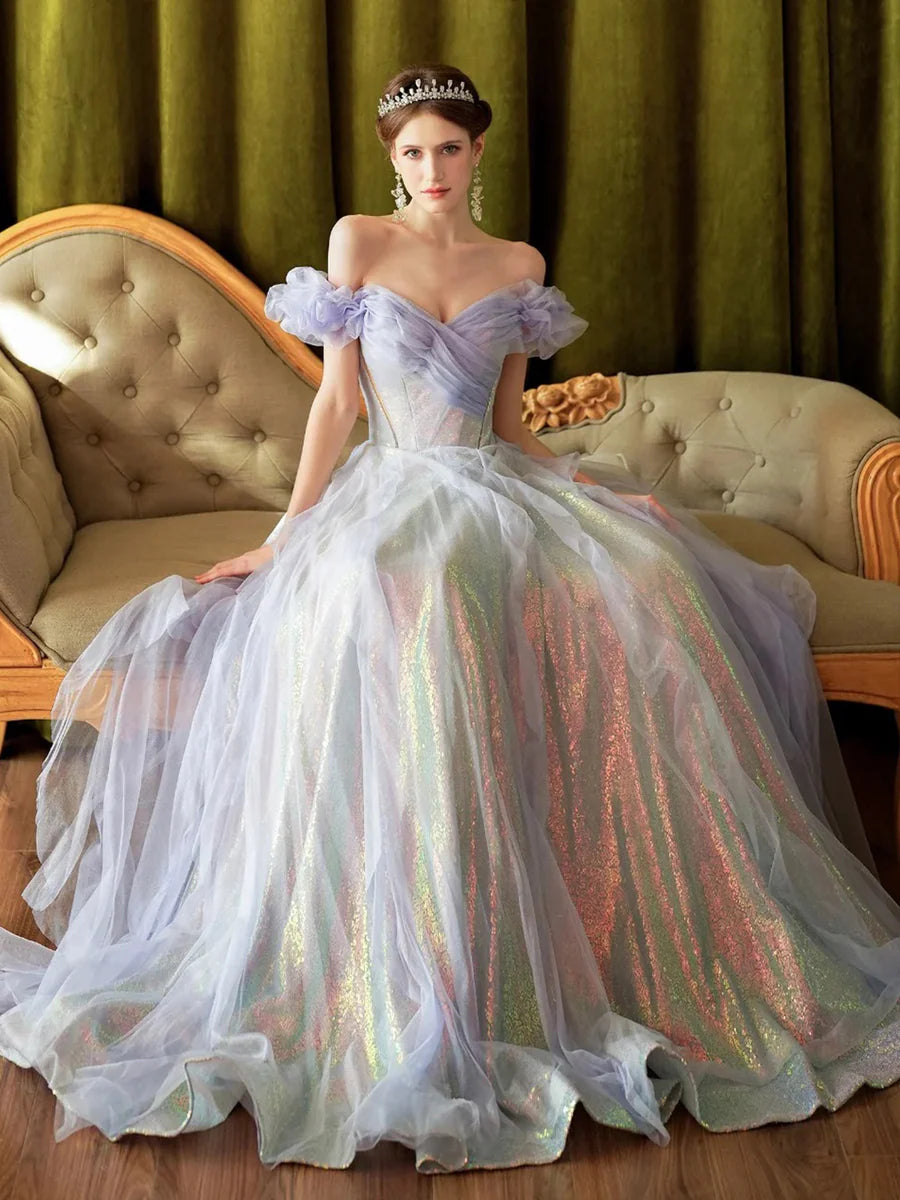 Fairy Light Purple Colorful Sequins Tulle Off the Shoulder Evening Party Dresses