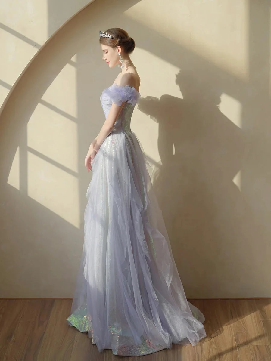 Fairy Light Purple Colorful Sequins Tulle Off the Shoulder Evening Party Dresses