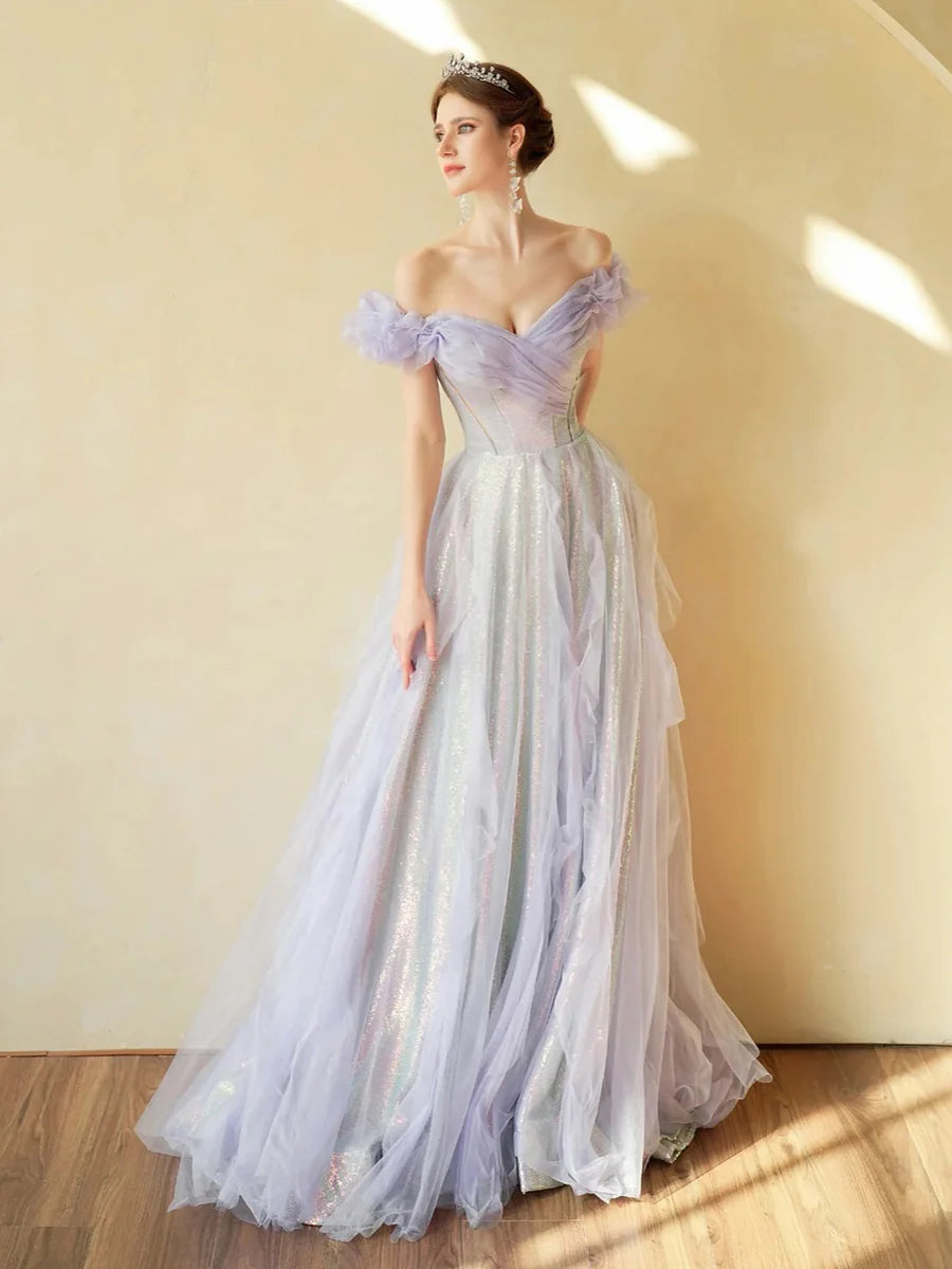 Fairy Light Purple Colorful Sequins Tulle Off the Shoulder Evening Party Dresses