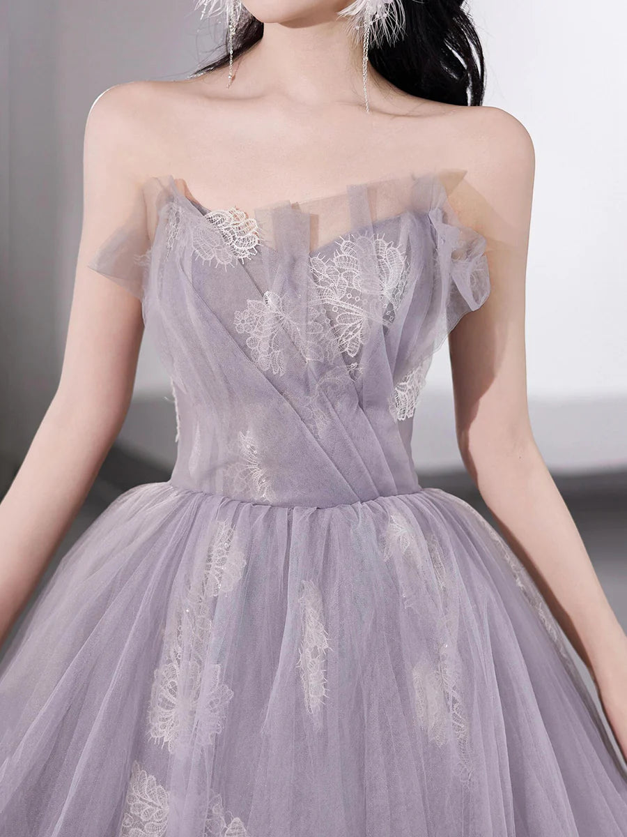 Fairy Light Purple Tulle Lace Strapless A-Line Floor Length Prom Dress Party Dress
