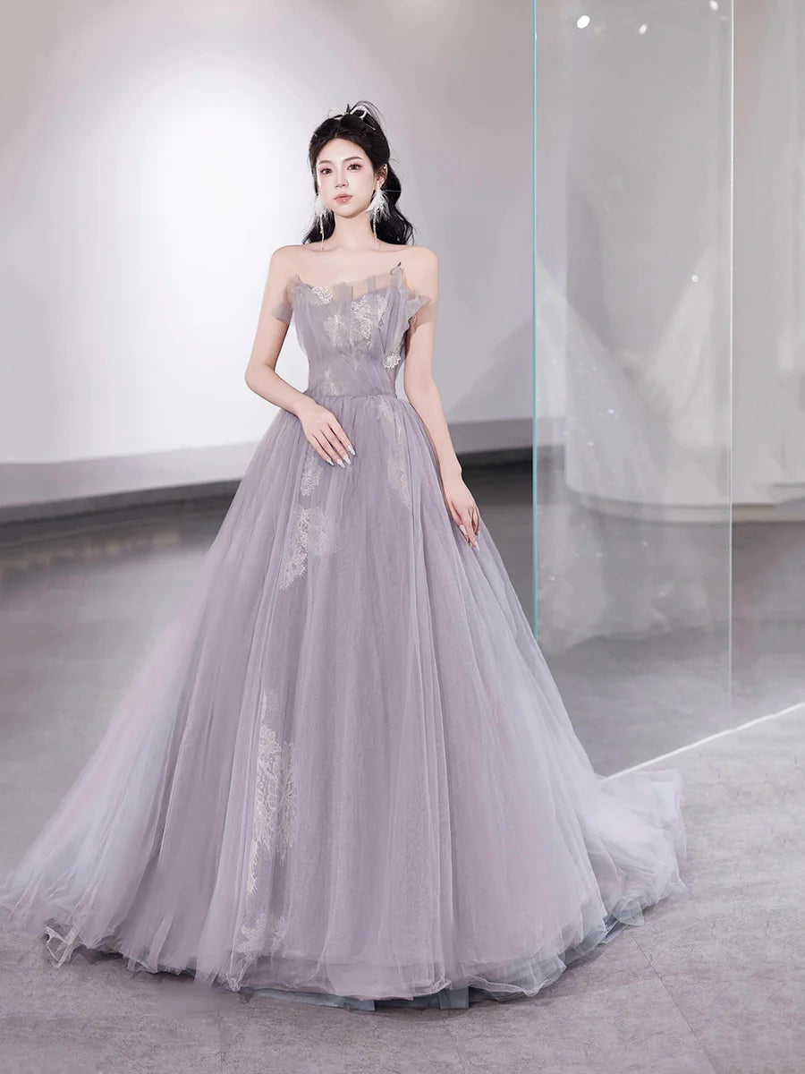 Fairy Light Purple Tulle Lace Strapless A-Line Floor Length Prom Dress Party Dress
