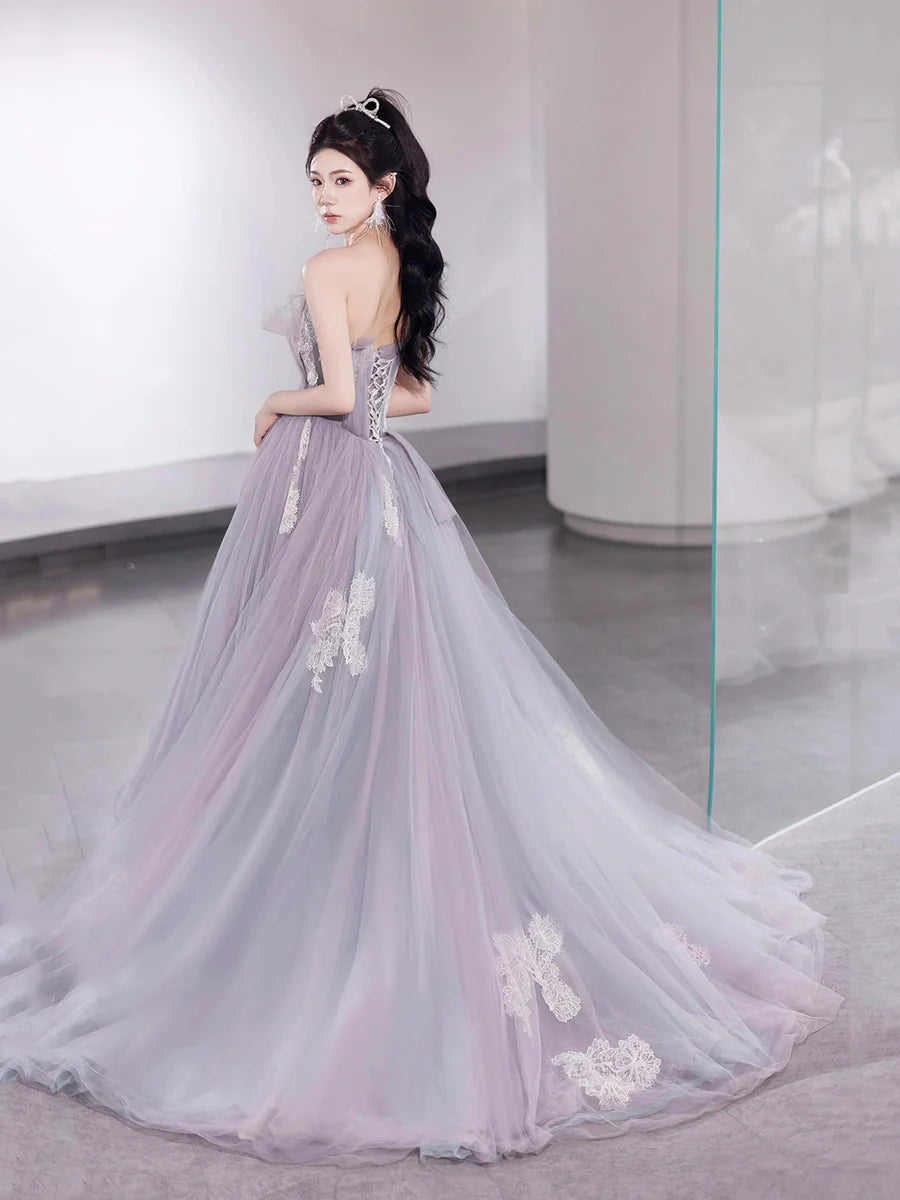 Fairy Light Purple Tulle Lace Strapless A-Line Floor Length Prom Dress Party Dress