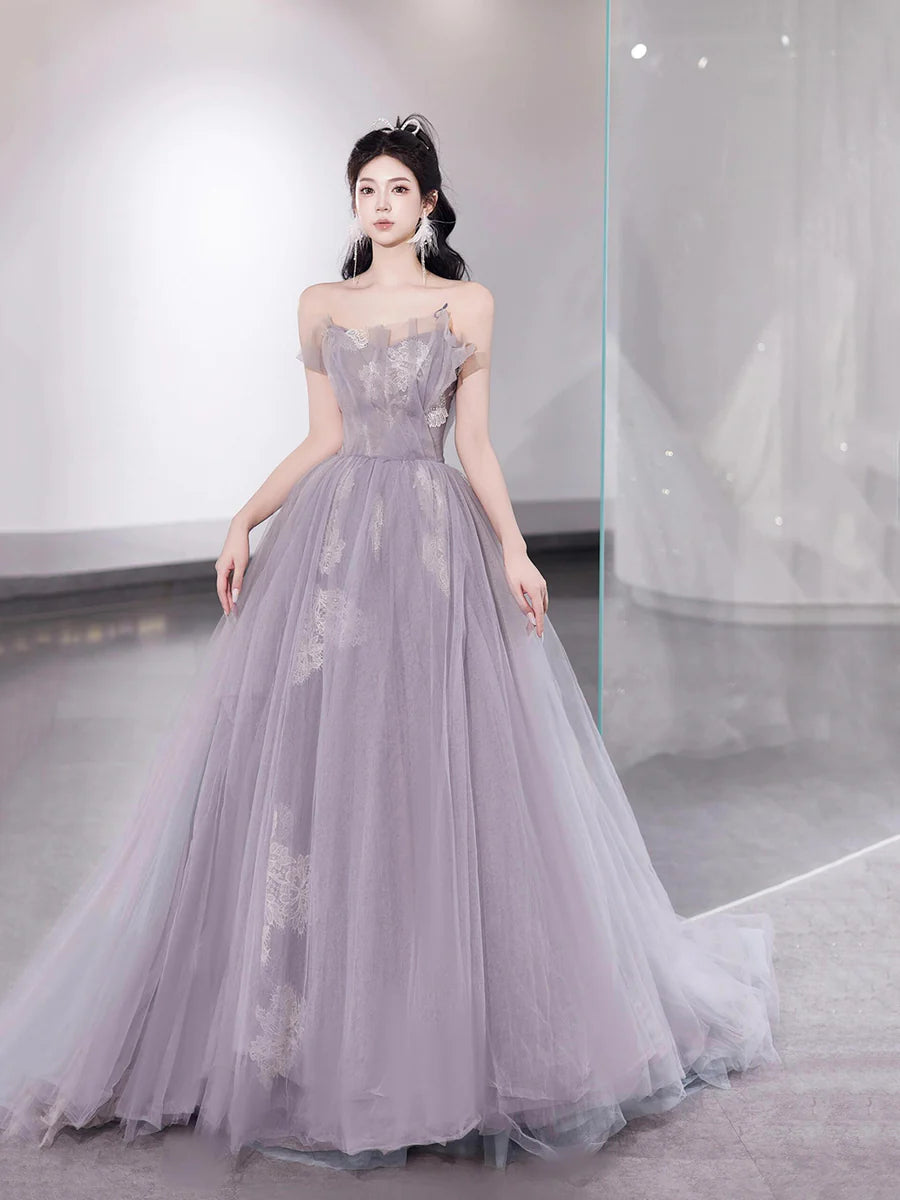 Fairy Light Purple Tulle Lace Strapless A-Line Floor Length Prom Dress Party Dress