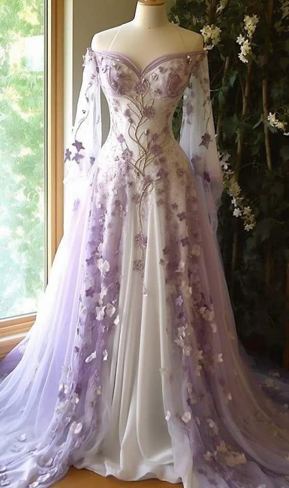 Fairy Lilac Tulle Floral Sweetheart Neck Off The Shoulder Long Party Dresses Prom Dress