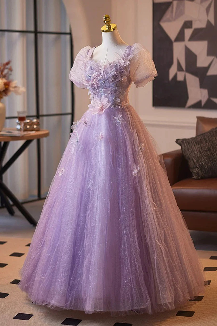 Fairy Lilac Tulle Flower Crumpled Short Sleeve Long Prom Dress Evening Party Dress