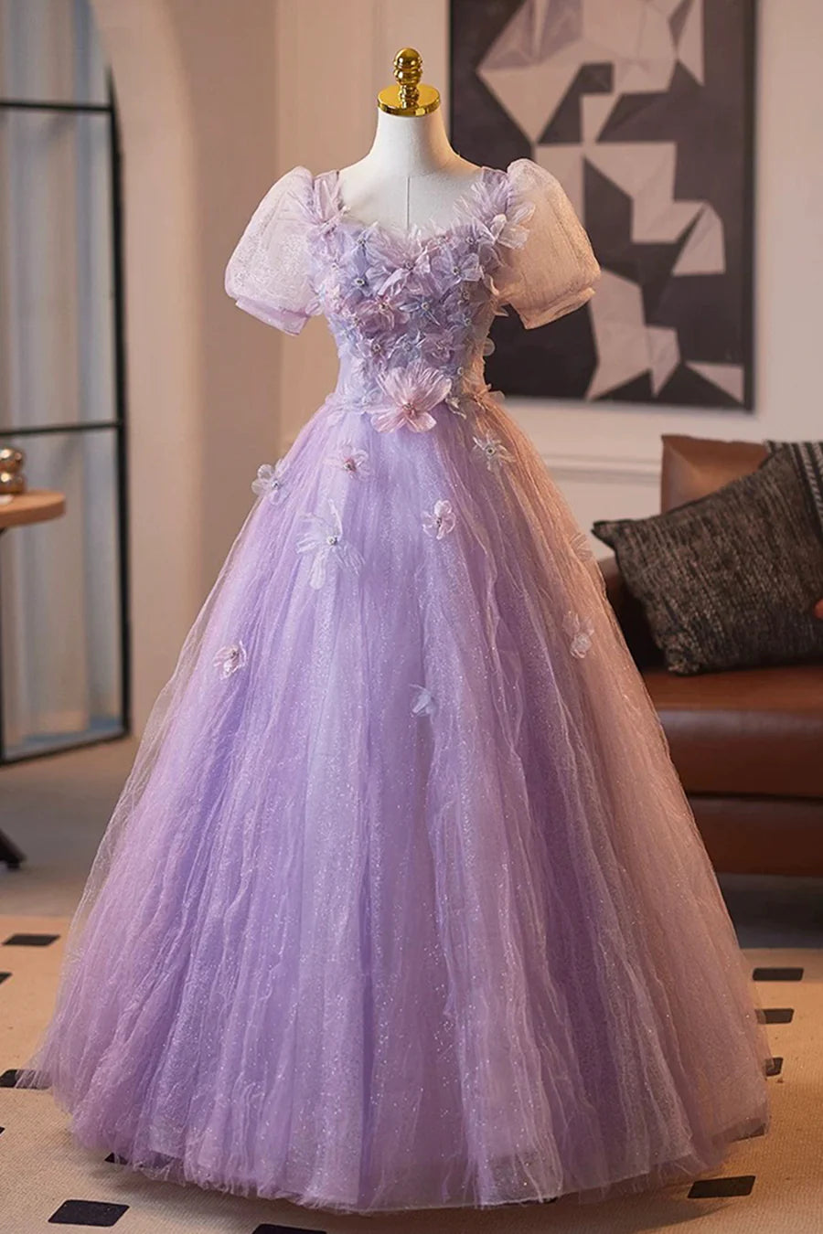 Fairy Lilac Tulle Flower Crumpled Short Sleeve Long Prom Dress Evening Party Dress