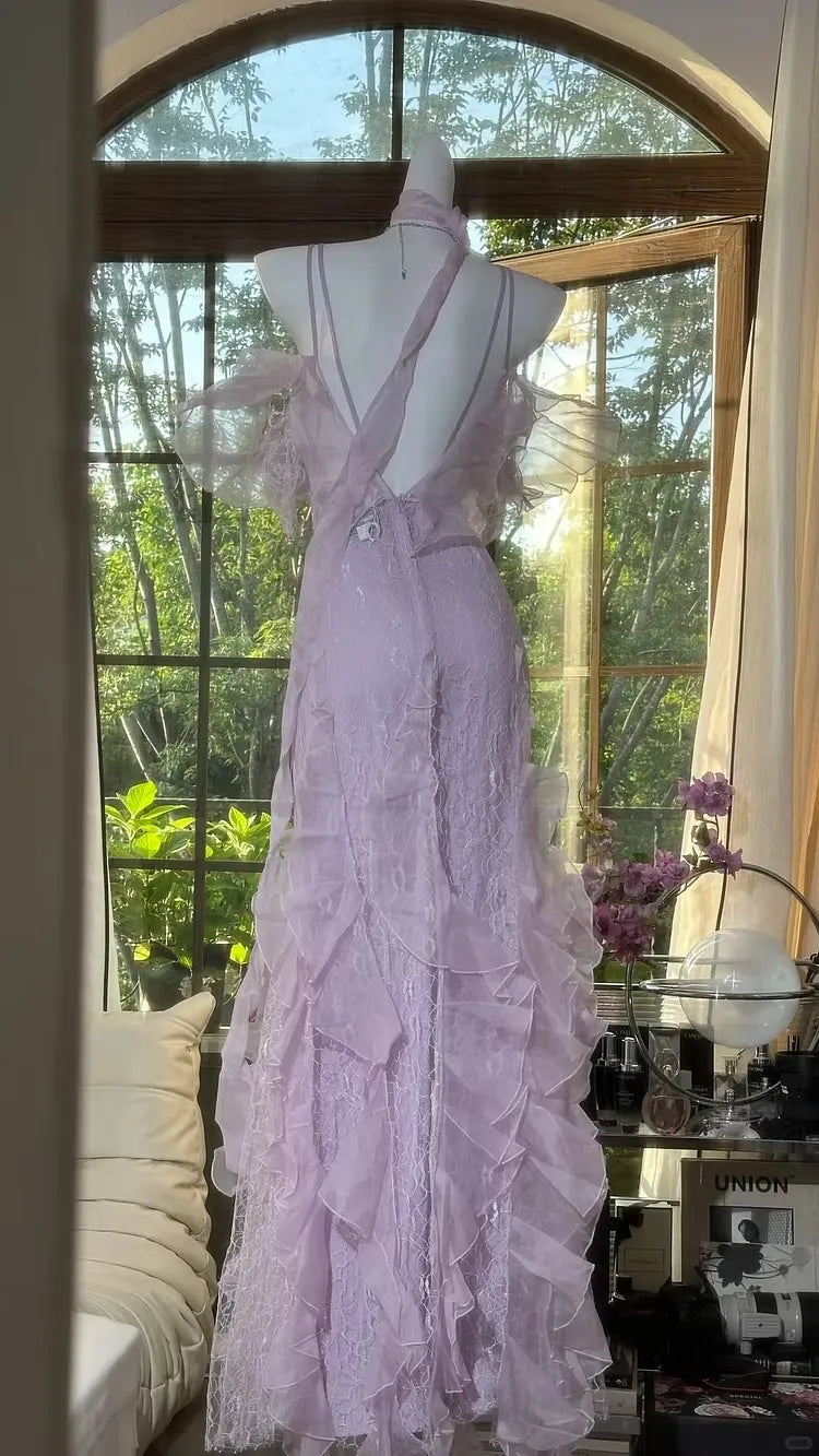 Fairy Mermaid V Neck Ruffled Lace Lavender Floor-Length Prom Dress With Scarf