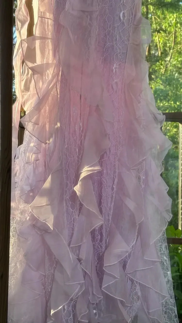 Fairy Mermaid V Neck Ruffled Lace Lavender Floor-Length Prom Dress With Scarf