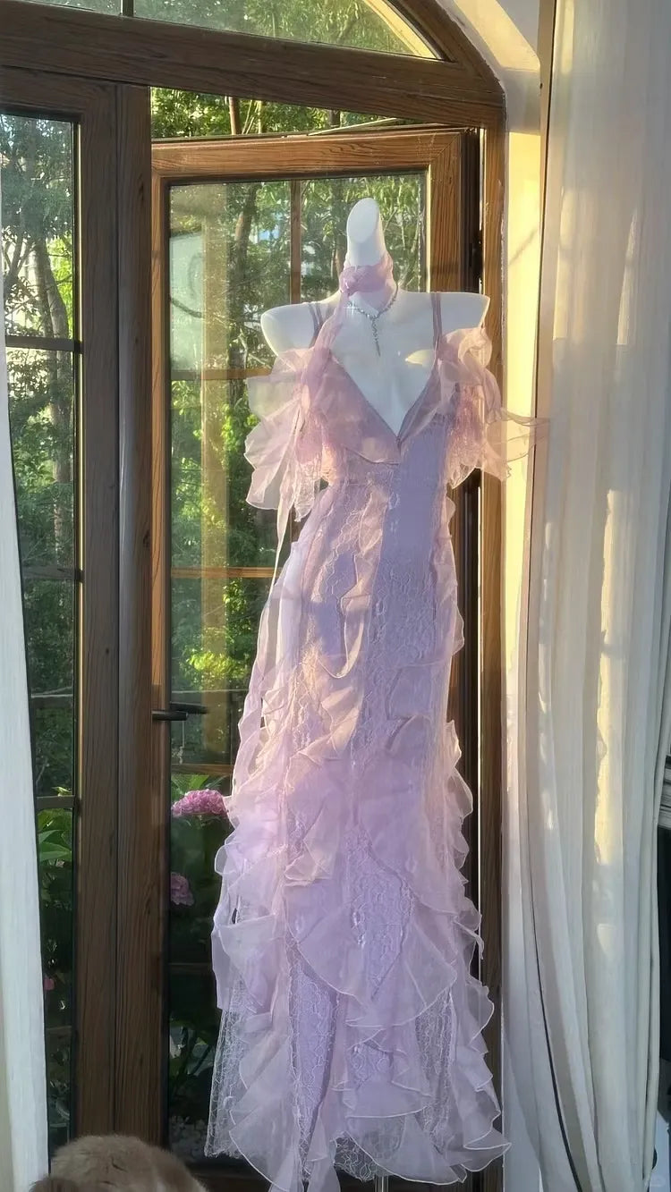 Fairy Mermaid V Neck Ruffled Lace Lavender Floor-Length Prom Dress With Scarf