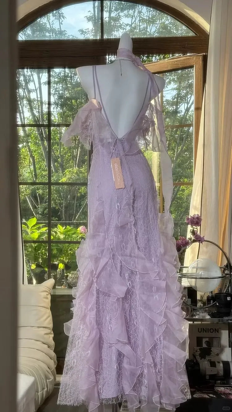 Fairy Mermaid V Neck Ruffled Lace Lavender Floor-Length Prom Dress With Scarf