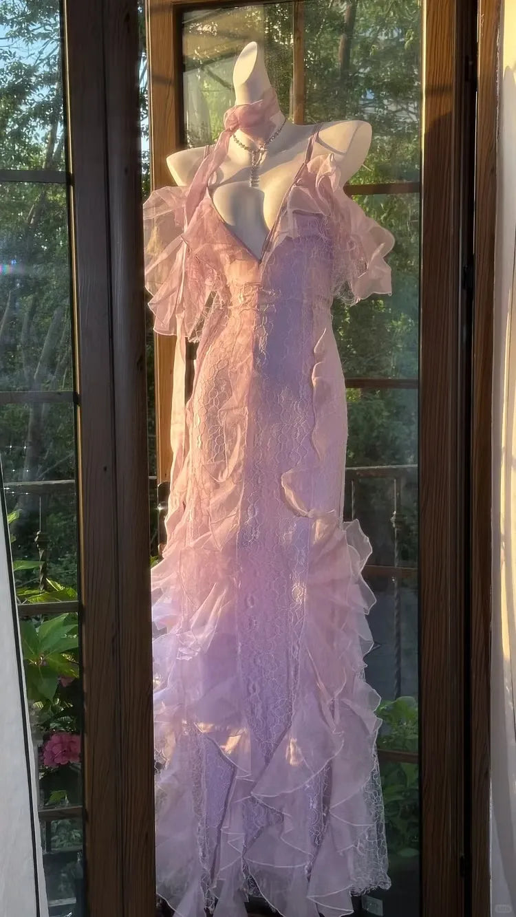 Fairy Mermaid V Neck Ruffled Lace Lavender Floor-Length Prom Dress With Scarf