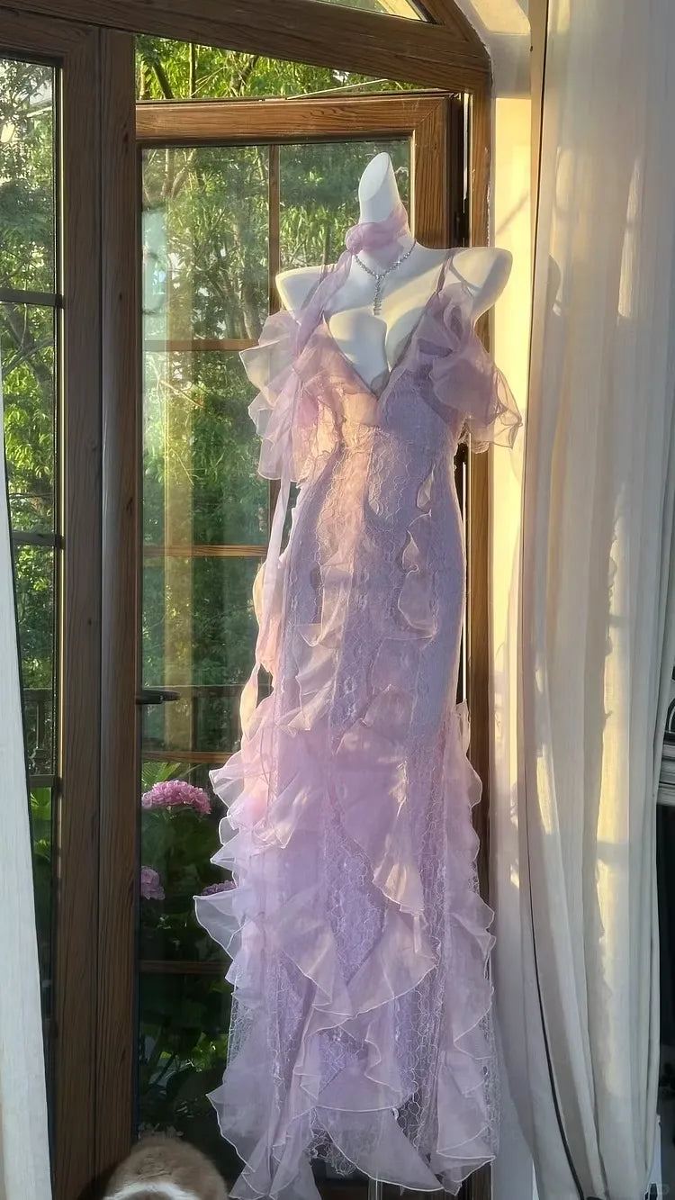 Fairy Mermaid V Neck Ruffled Lace Lavender Floor-Length Prom Dress With Scarf