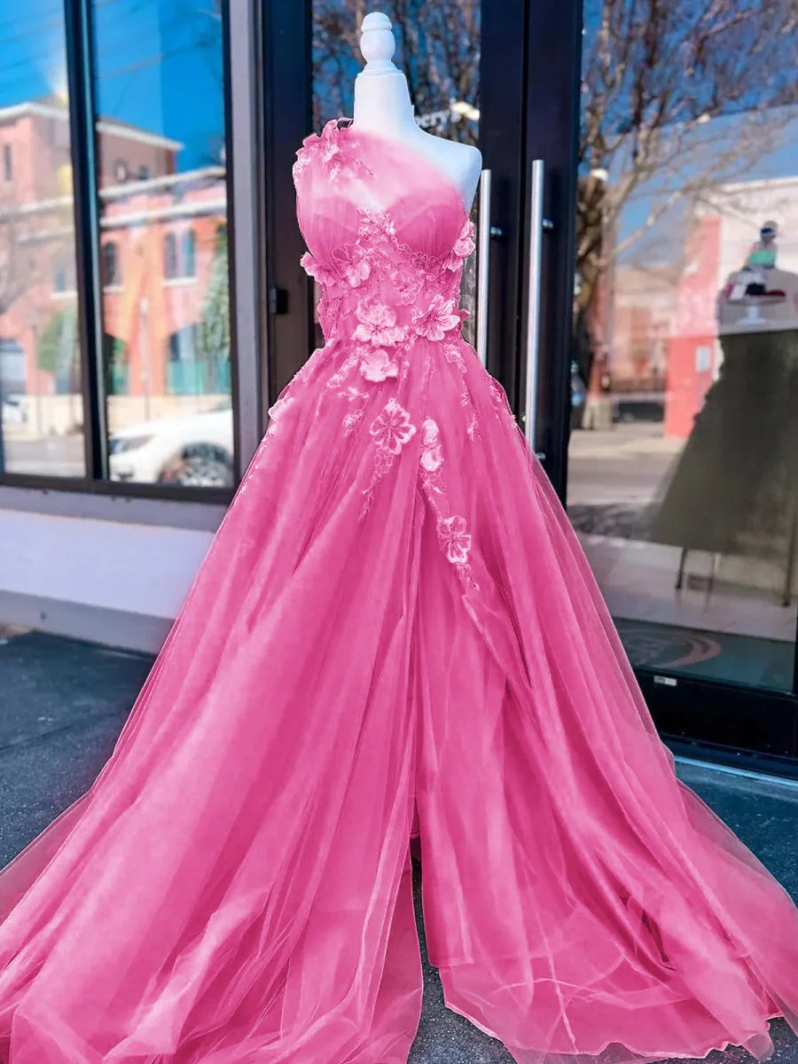 Fairy One Shoulder 3D Appliques Beading Light Yellow Long Prom Dress