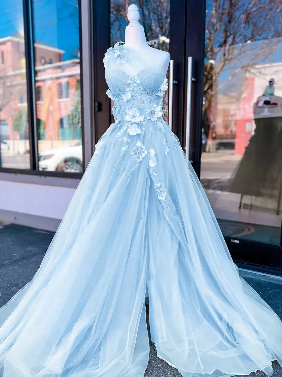 Fairy One Shoulder 3D Appliques Beading Light Yellow Long Prom Dress