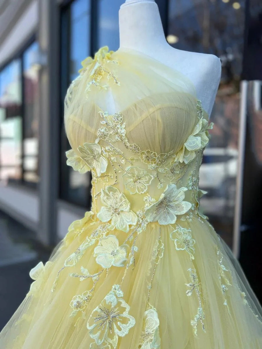 Fairy One Shoulder 3D Appliques Beading Light Yellow Long Prom Dress