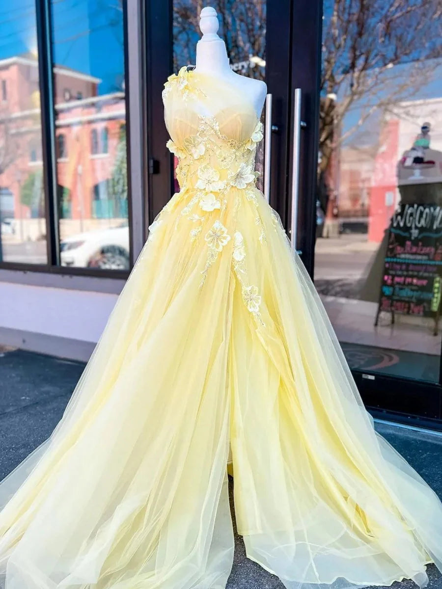 Fairy One Shoulder 3D Appliques Beading Light Yellow Long Prom Dress