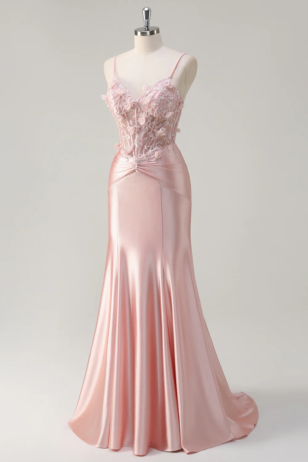 Fairy Pink Satin Flowers Mermaid Spaghetti Straps Corset Floor Length Prom Dress With Applique