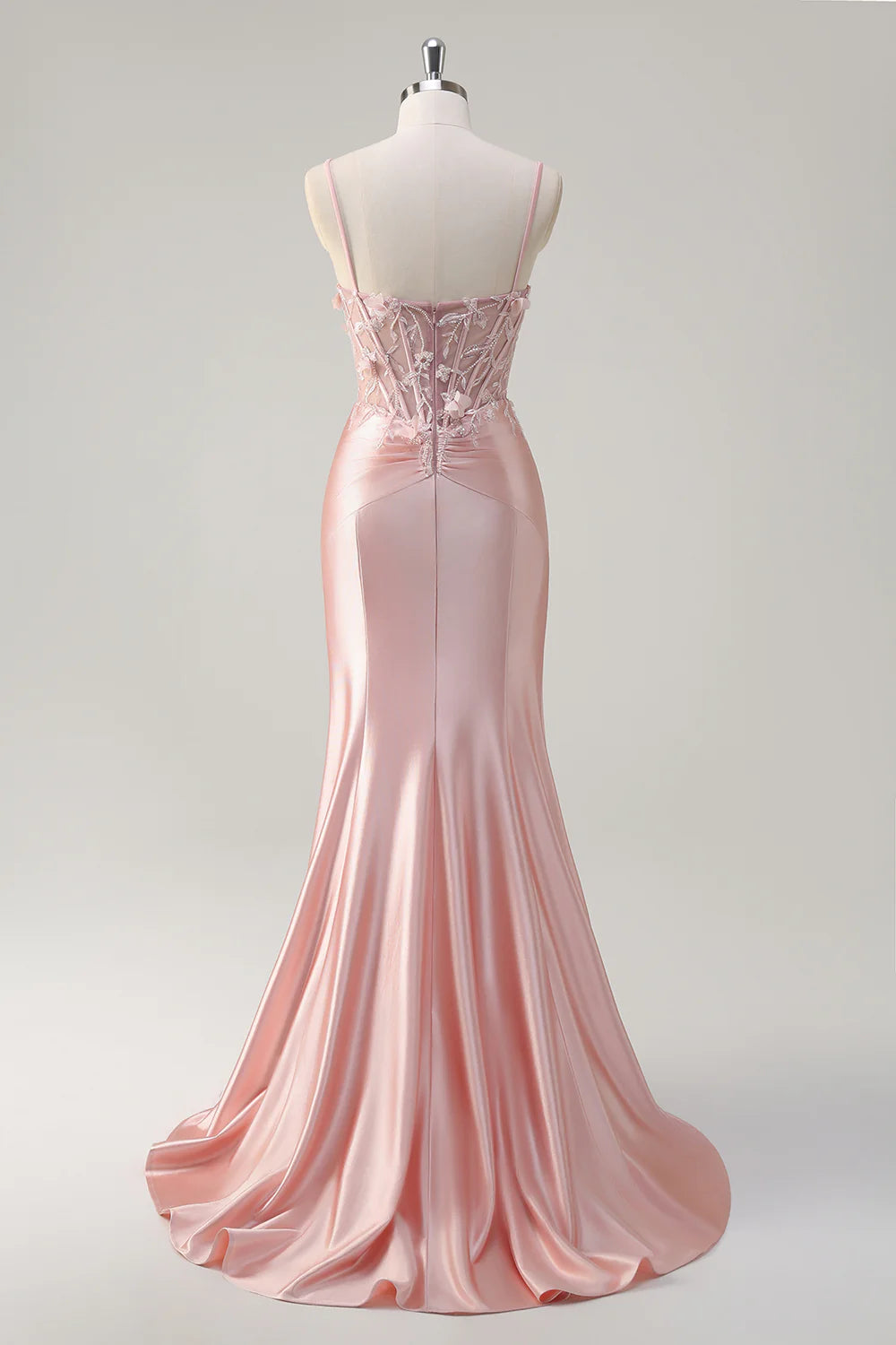 Fairy Pink Satin Flowers Mermaid Spaghetti Straps Corset Floor Length Prom Dress With Applique