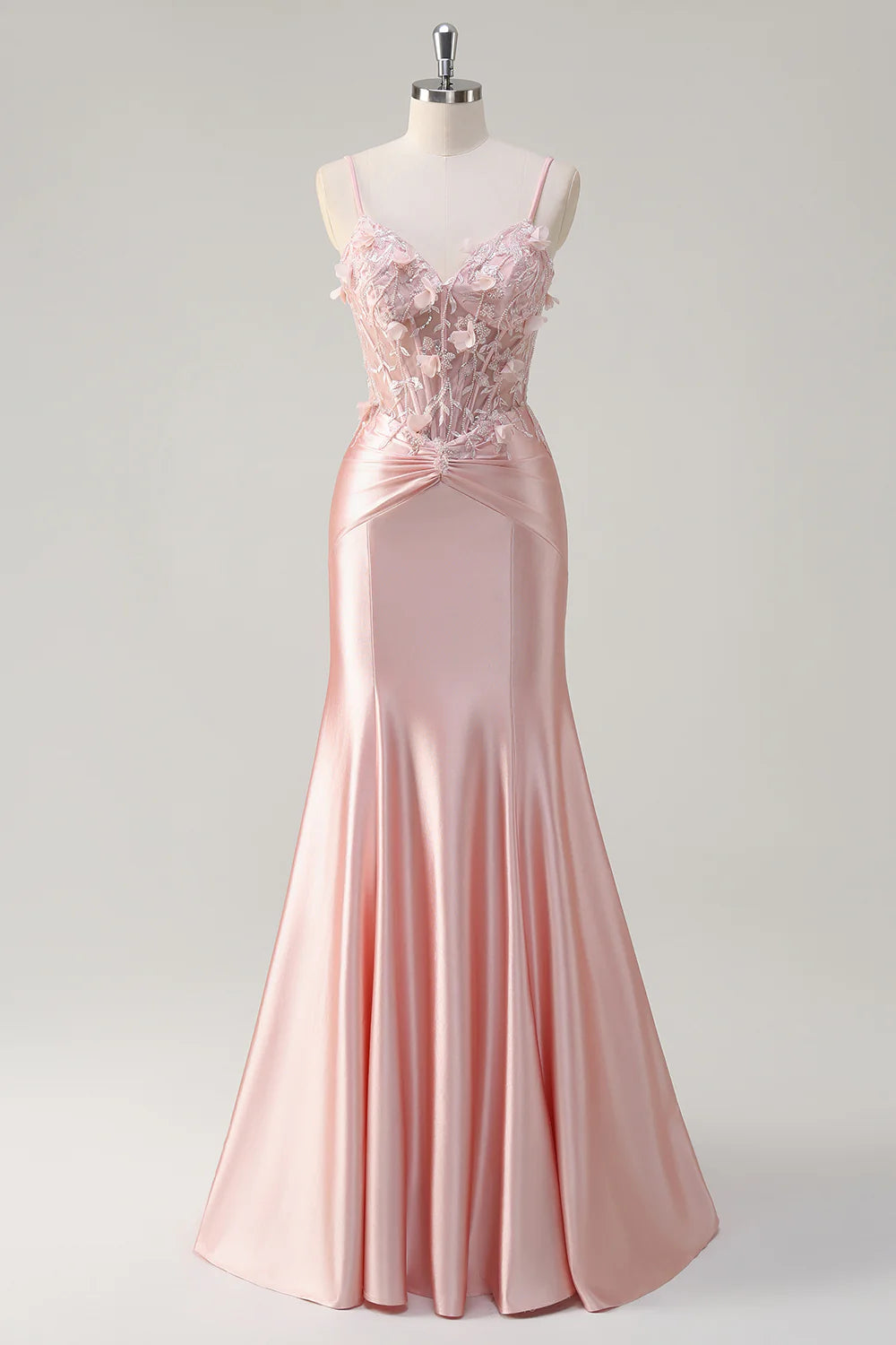 Fairy Pink Satin Flowers Mermaid Spaghetti Straps Corset Floor Length Prom Dress With Applique