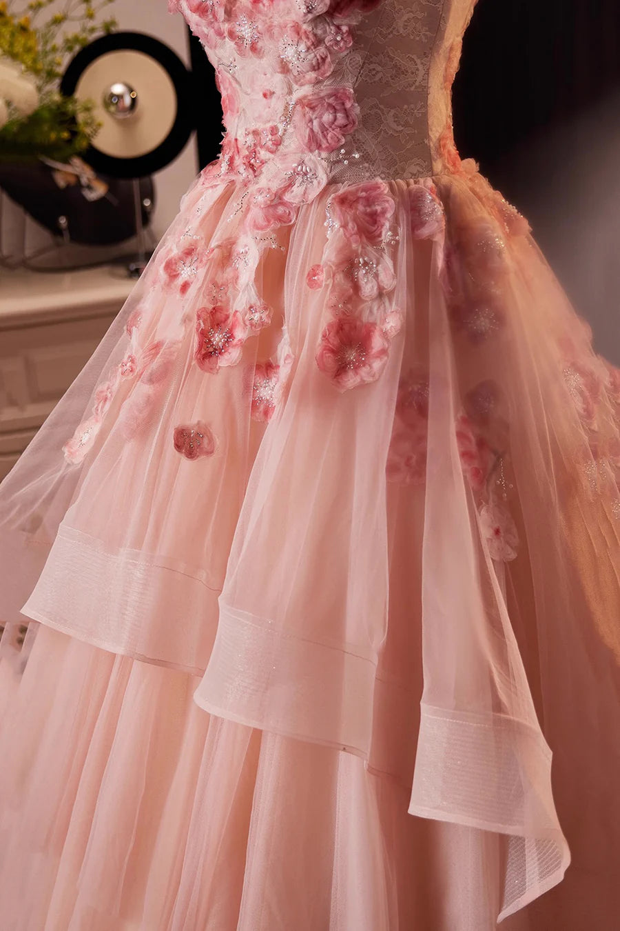 Fairy Pink Tulle Flower Strapless A-Line Tiered Floor Length Prom Dress Pink Evening Dress