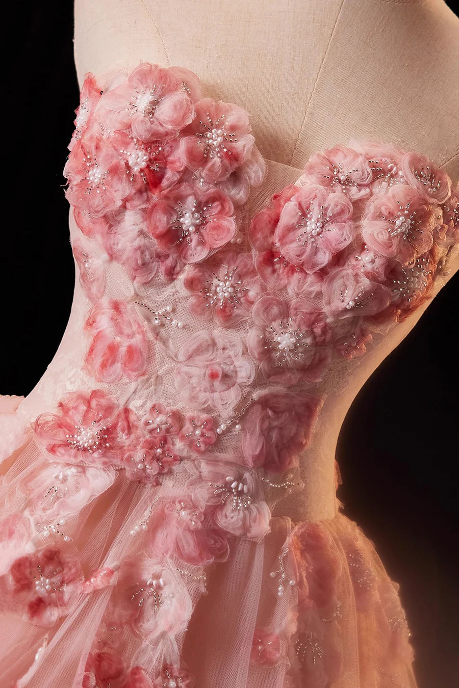 Fairy Pink Tulle Flower Strapless A-Line Tiered Floor Length Prom Dress Pink Evening Dress