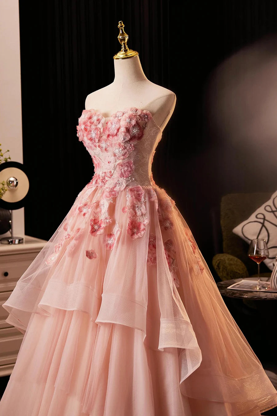 Fairy Pink Tulle Flower Strapless A-Line Tiered Floor Length Prom Dress Pink Evening Dress