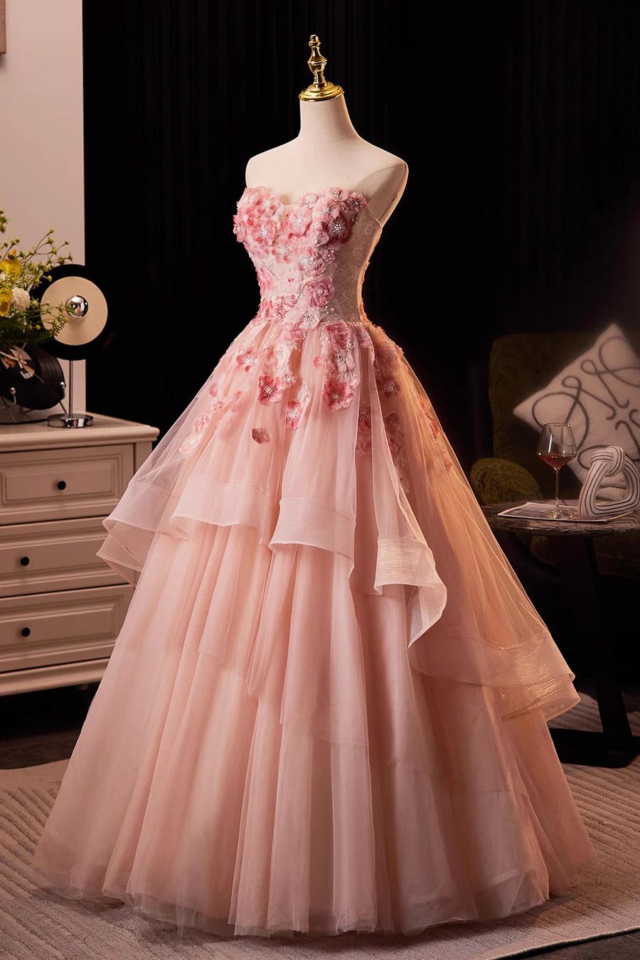 Fairy Pink Tulle Flower Strapless A-Line Tiered Floor Length Prom Dress Pink Evening Dress