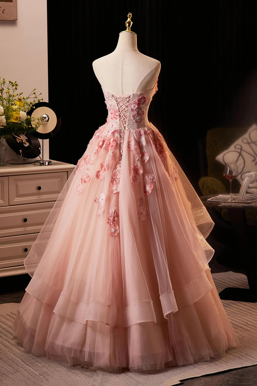 Fairy Pink Tulle Flower Strapless A-Line Tiered Floor Length Prom Dress Pink Evening Dress