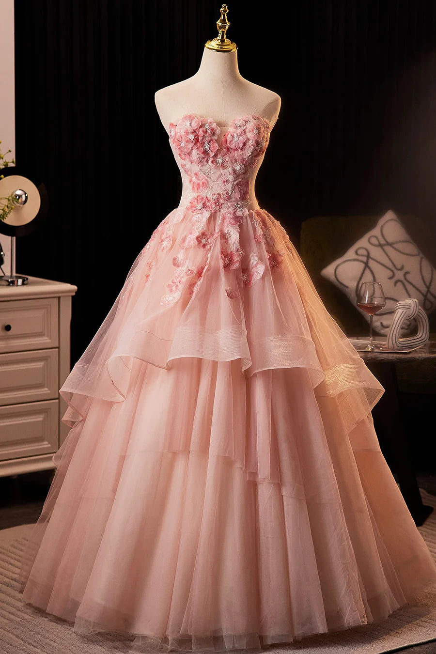 Fairy Pink Tulle Flower Strapless A-Line Tiered Floor Length Prom Dress Pink Evening Dress