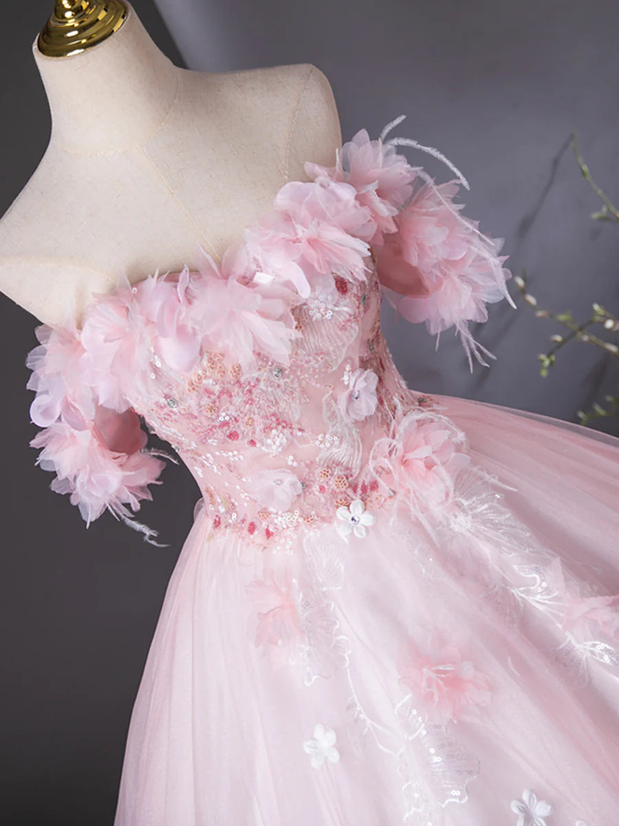 Fairy Pink Tulle Flower Sweetheart Neck Off The Shoulder Floor Length Formal Dress Prom Dress