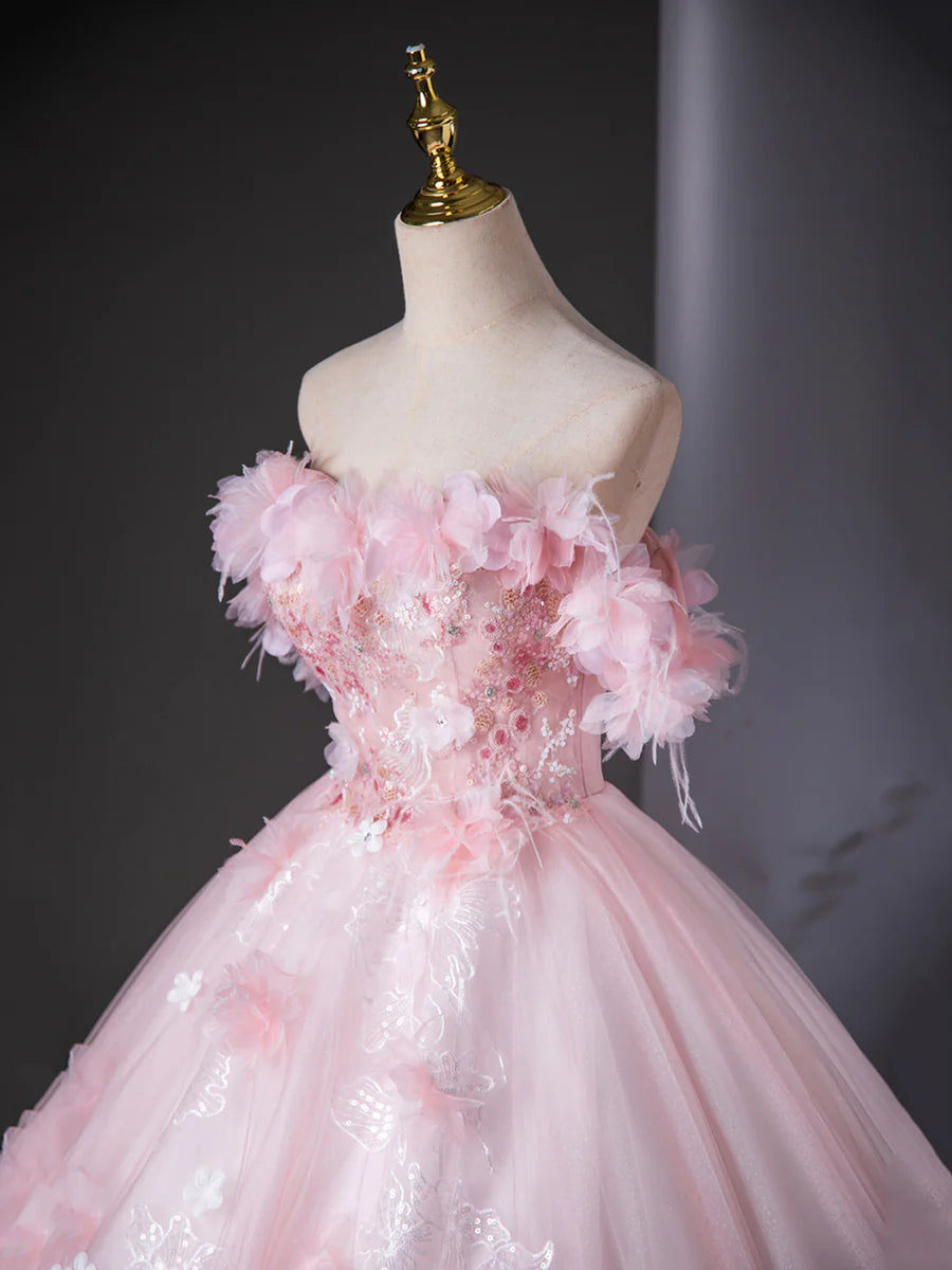 Fairy Pink Tulle Flower Sweetheart Neck Off The Shoulder Floor Length Formal Dress Prom Dress