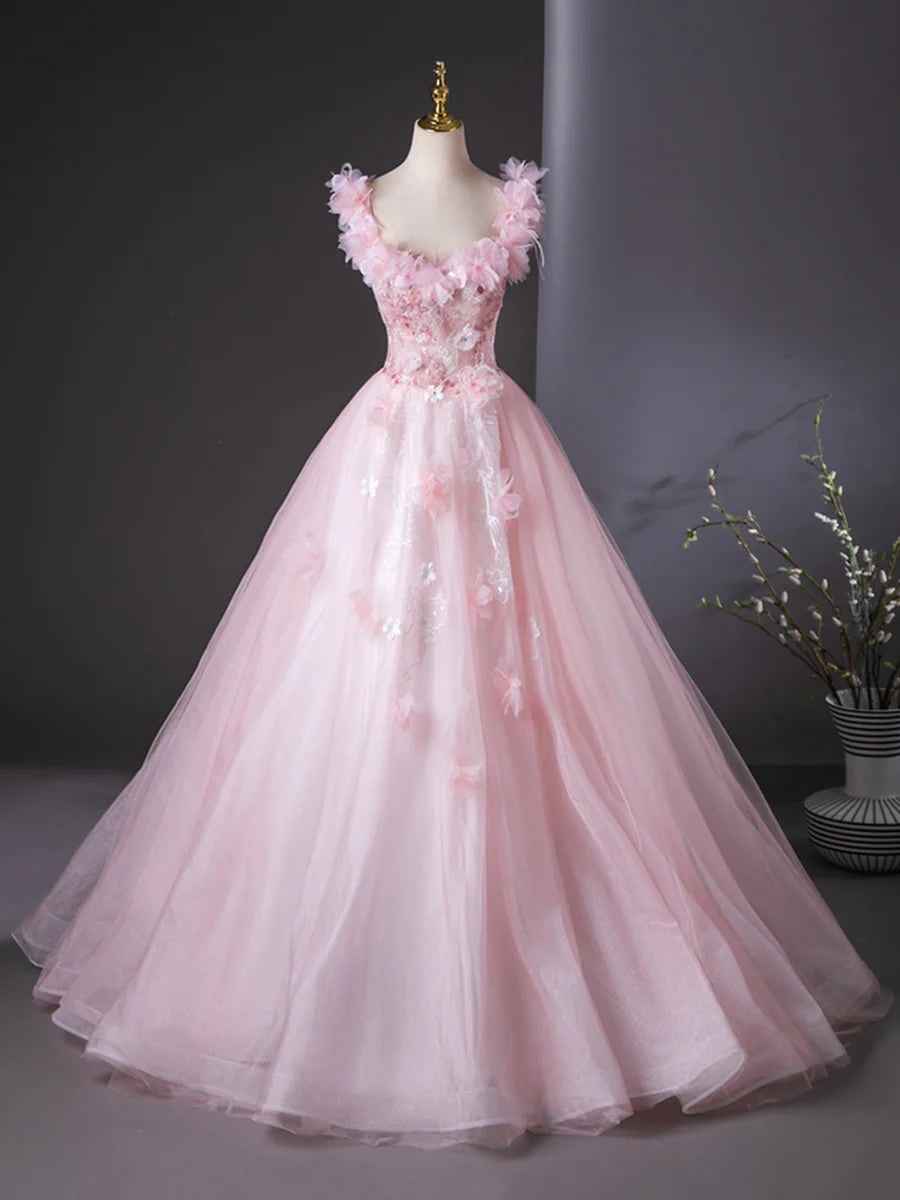 Fairy Pink Tulle Flower Sweetheart Neck Off The Shoulder Floor Length Formal Dress Prom Dress