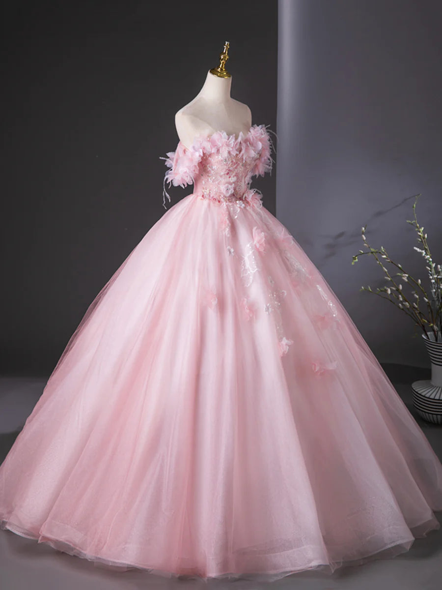 Fairy Pink Tulle Flower Sweetheart Neck Off The Shoulder Floor Length Formal Dress Prom Dress