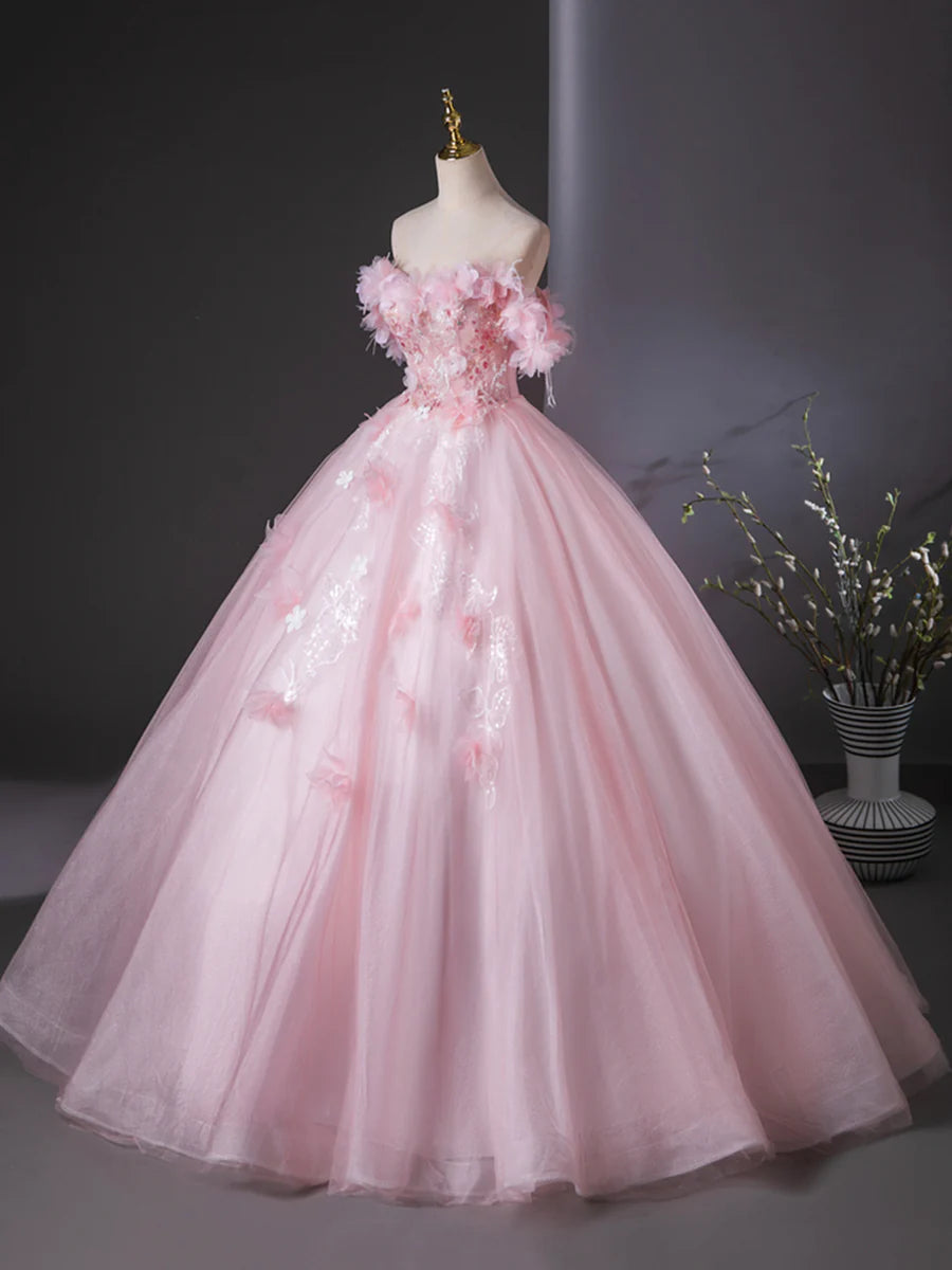 Fairy Pink Tulle Flower Sweetheart Neck Off The Shoulder Floor Length Formal Dress Prom Dress