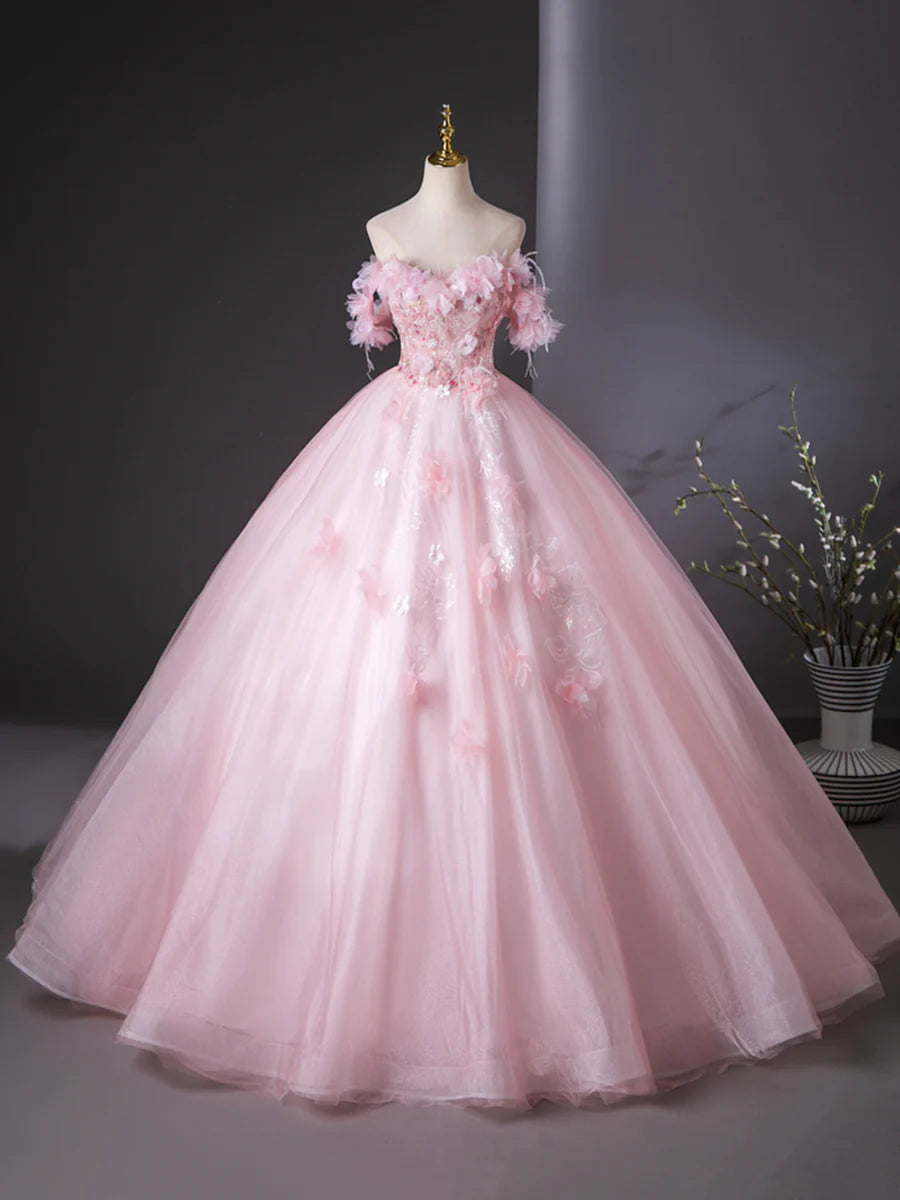 Fairy Pink Tulle Flower Sweetheart Neck Off The Shoulder Floor Length Formal Dress Prom Dress