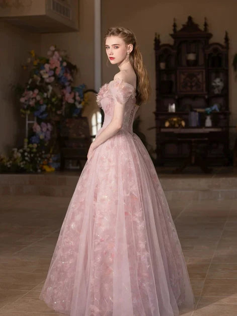 Fairy Pink Floral Off Shoulder A-line Tulle Ball Gown Evening Dress