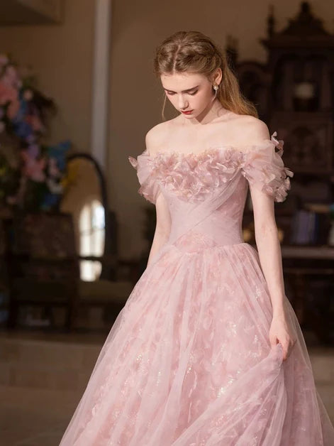 Fairy Pink Floral Off Shoulder A-line Tulle Ball Gown Evening Dress
