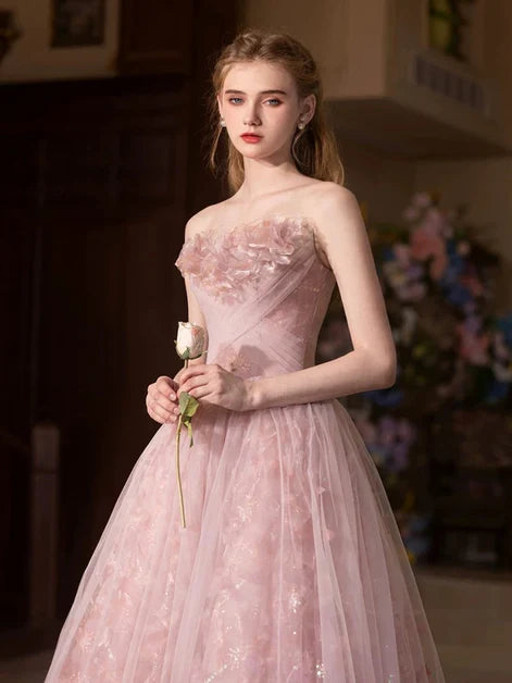 Fairy Pink Floral Off Shoulder A-line Tulle Ball Gown Evening Dress