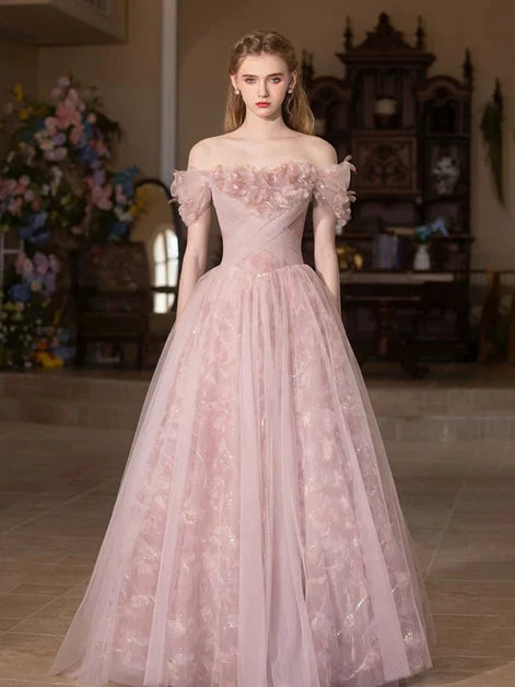 Fairy Pink Floral Off Shoulder A-line Tulle Ball Gown Evening Dress