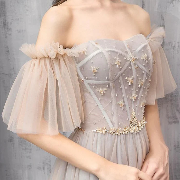 Fairy Tulle Off Shoulder Corset Floor Length Tulle Prom Dress Bridesmaid Dresses With Beaded