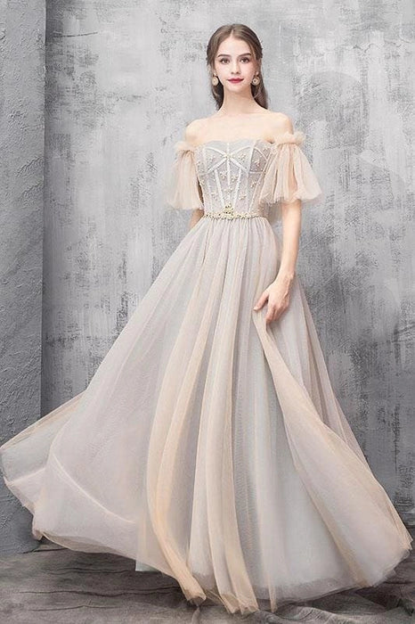 Fairy Tulle Off Shoulder Corset Floor Length Tulle Prom Dress Bridesmaid Dresses With Beaded