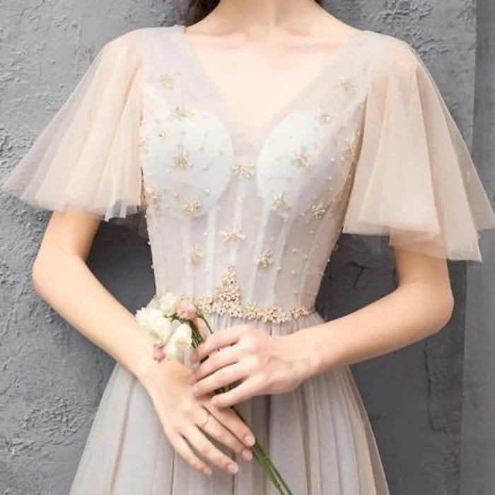 Fairy Tulle  V Neck Short Sleeves Corset Floor Length Tulle Prom Dress Bridesmaid Dresses With Beaded