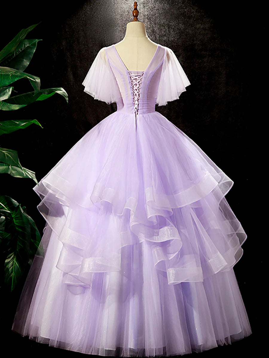 Fairy V-Neck Cap Sleeves Tiered Flowers Tulle Purple Floor Length Prom Dress