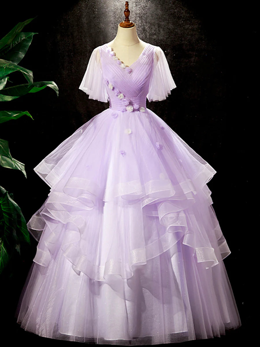 Fairy V-Neck Cap Sleeves Tiered Flowers Tulle Purple Floor Length Prom Dress