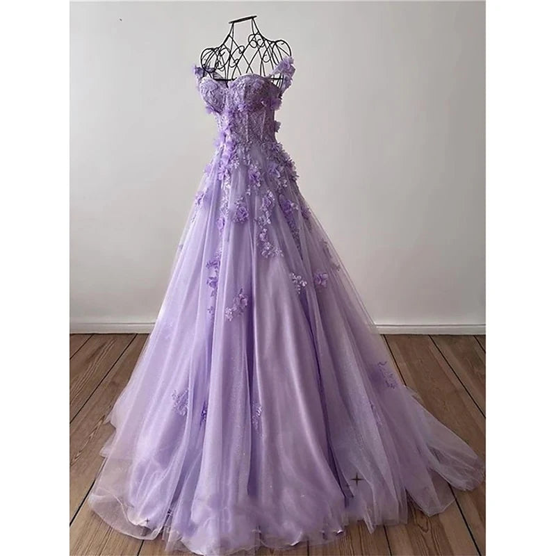 Fairy A-Line Off-Shoulder Floral Appliques Tulle Lavender Sweep Train Prom Dress