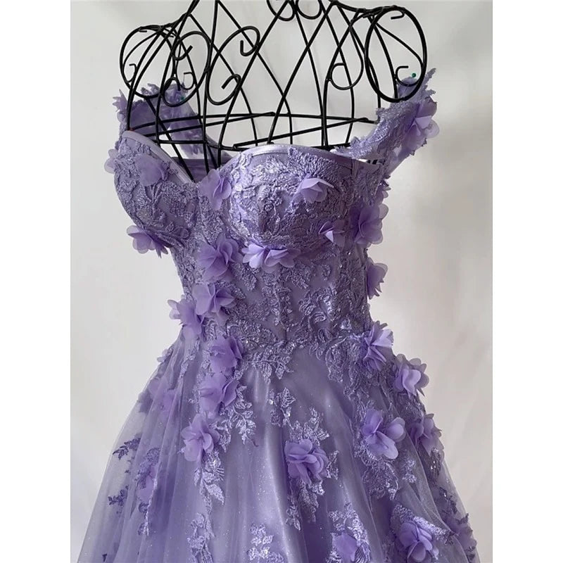 Fairy A-Line Off-Shoulder Floral Appliques Tulle Lavender Sweep Train Prom Dress