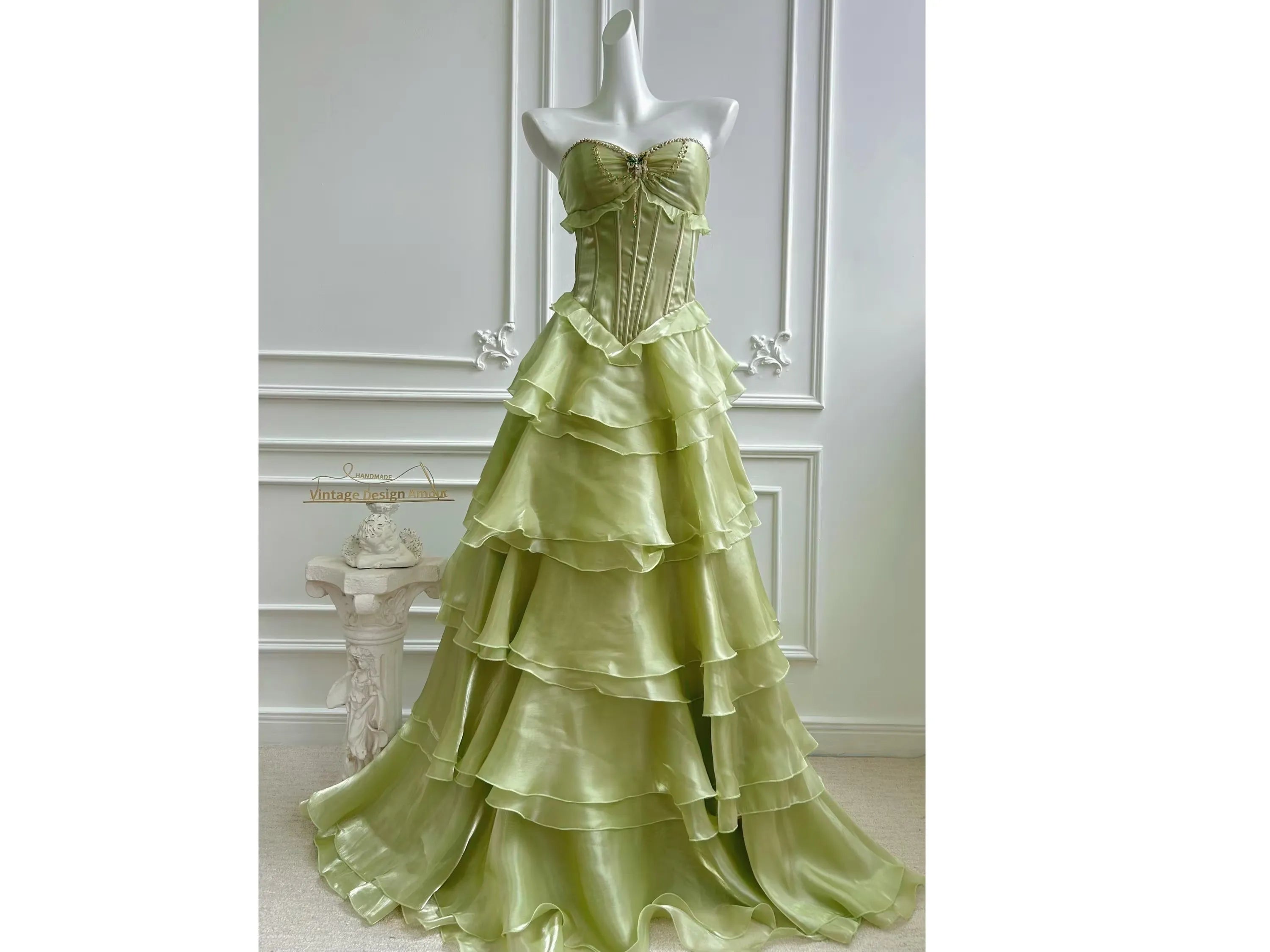 Fairy A-Line Strapless Corset Beaded Tiered Green Floor Length Prom Dress